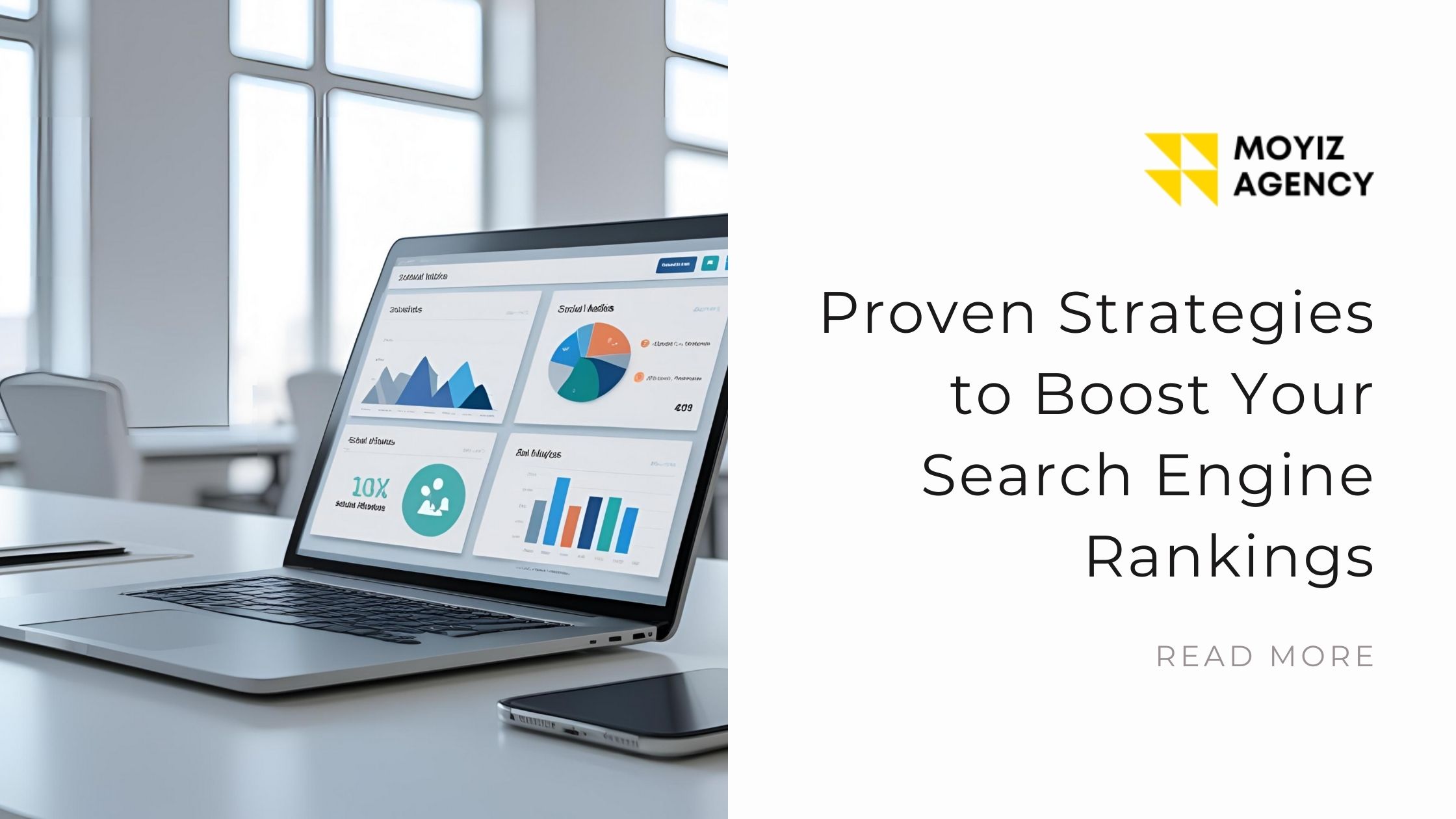 SEO analytics on a laptop screen with the business logo, blog title, and read more option.